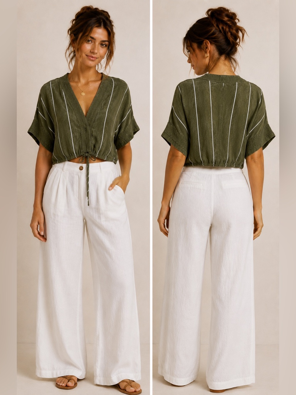 💚 SANCIA Cupro Stripe Wrap Crop Top XS Tie Front Short Sleeve Blouse 💚